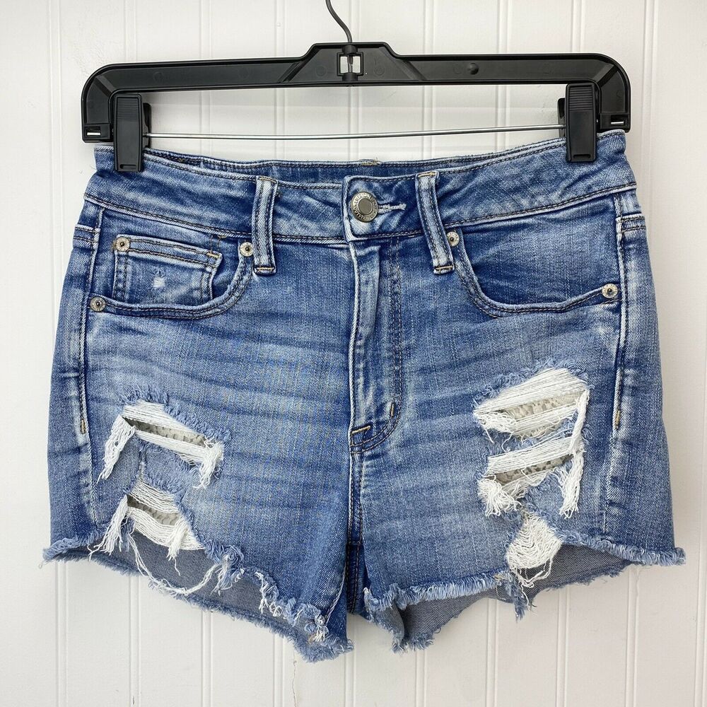 American Eagle Shorts 6 Hi-Rise Shortie Next Level Stretch Denim Crochet EUC